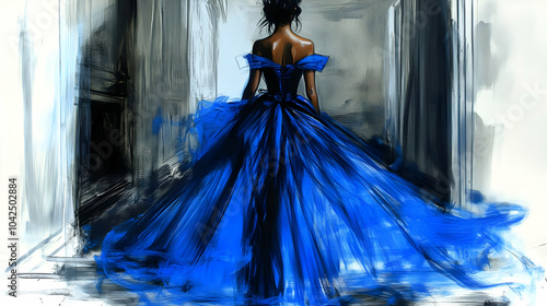 A woman in a flowing blue g...