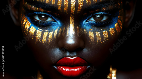 Close-up portrait featuring vibrant face paint and striking makeup.