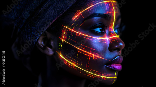A woman's face illuminated ...