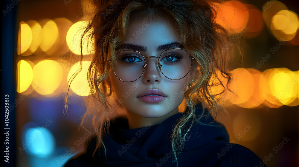 A close-up portrait of a young woman with stylish glasses and bokeh. A close-up portrait of a young woman with stylish glasses and bokeh.