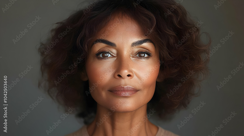 Portrait of a woman with curly hair and a serene expression. Portrait of a woman with curly hair and a serene expression.