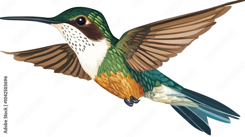 Obraz premium A vibrant hummingbird (Trochilidae) gracefully hovers in mid-air, showcasing its iridescent feathers and rapid wingbeat. This enchanting bird, with its elongated beak and delicate body, 