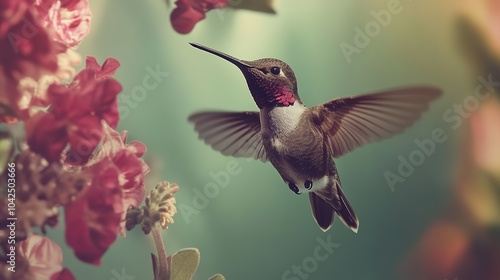 A vibrant hummingbird (Trochilidae) gracefully hovers in mid-air, showcasing its iridescent feathers and rapid wingbeat. This enchanting bird, with its elongated beak and delicate body,  photo