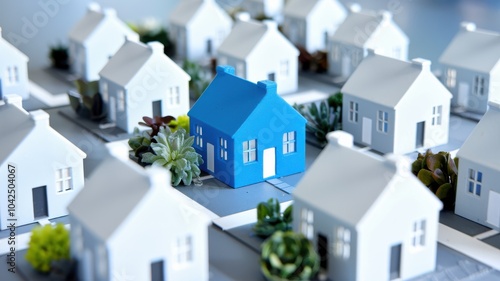 A blue house is in the middle of a row of white houses