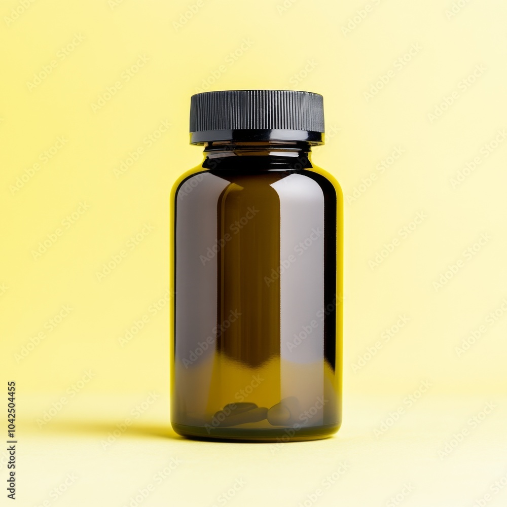 bottle of pills, good for mockup, empty label, dark glass, gradient pastel yellow-beige background bottle of pills, good for mockup, empty label, dark glass, gradient pastel yellow-beige background