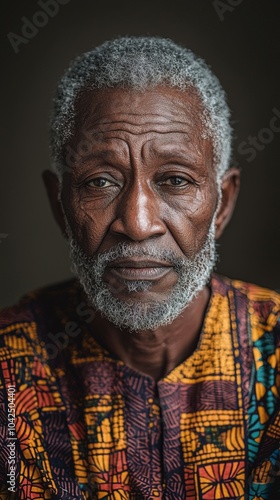 Hombre viejo, africano, con una mirada inteligente, pensativa, a la cámara, mirada de resignación, y tristeza. 