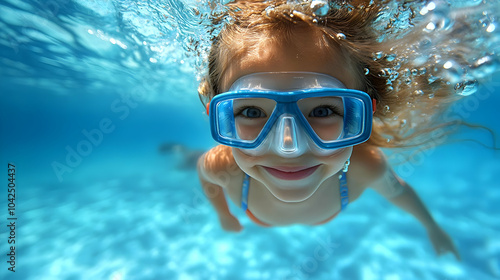 Child swimming underwater w...