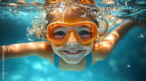 Child swimming underwater w...
