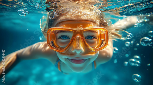 A young girl swimming under...