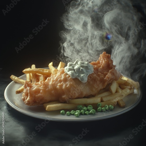 steamy British fish&chips dish with pees chips, coated fish and mayonese, studio shot, dark background photo