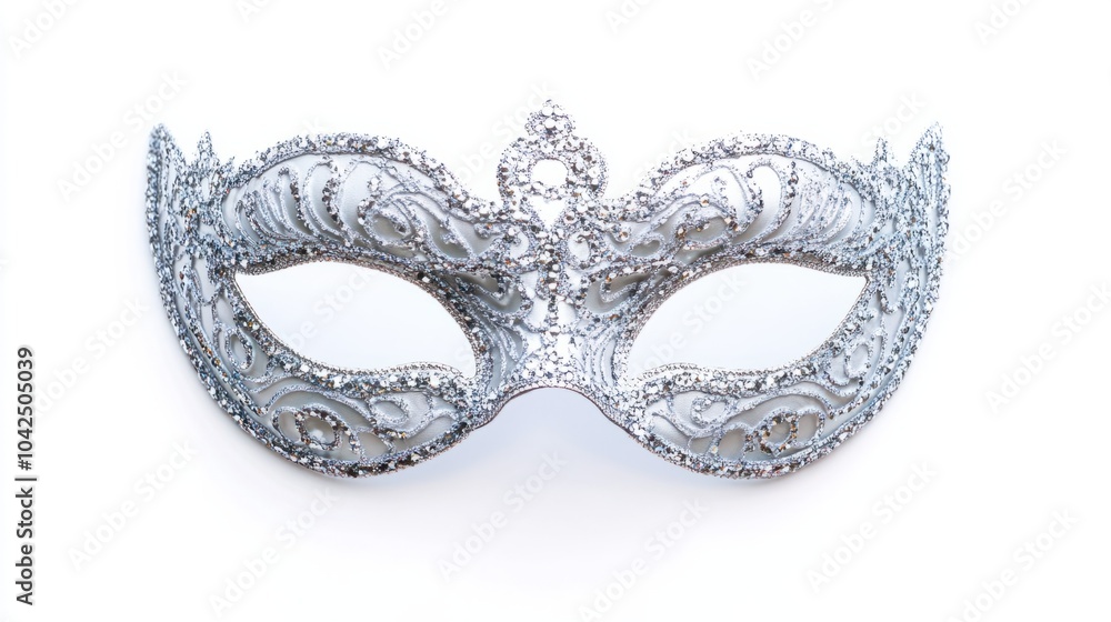 Glittering silver mask with a delicate lace pattern, feminine and elegant, isolated on white background Glittering silver mask with a delicate lace pattern, feminine and elegant, isolated on white background