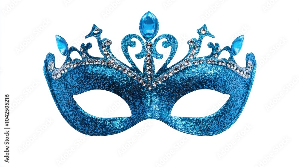 Glittery blue mask with a tiara-like design, fun and stylish for a masquerade ball, isolated on white background Glittery blue mask with a tiara-like design, fun and stylish for a masquerade ball, isolated on white background