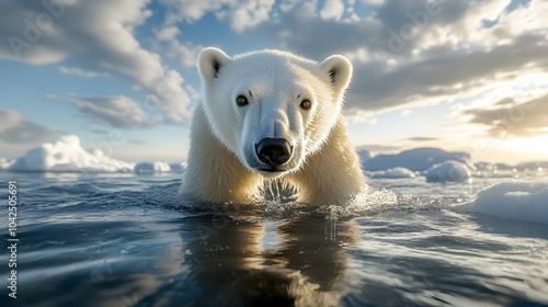 A polar bear emerges from i...