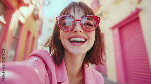 A cheerful woman in stylish...