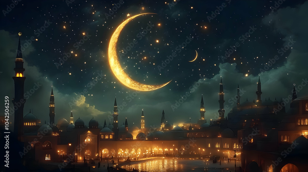 Crescent Moon & Starry Night Over Illuminated Cityscape Crescent Moon & Starry Night Over Illuminated Cityscape