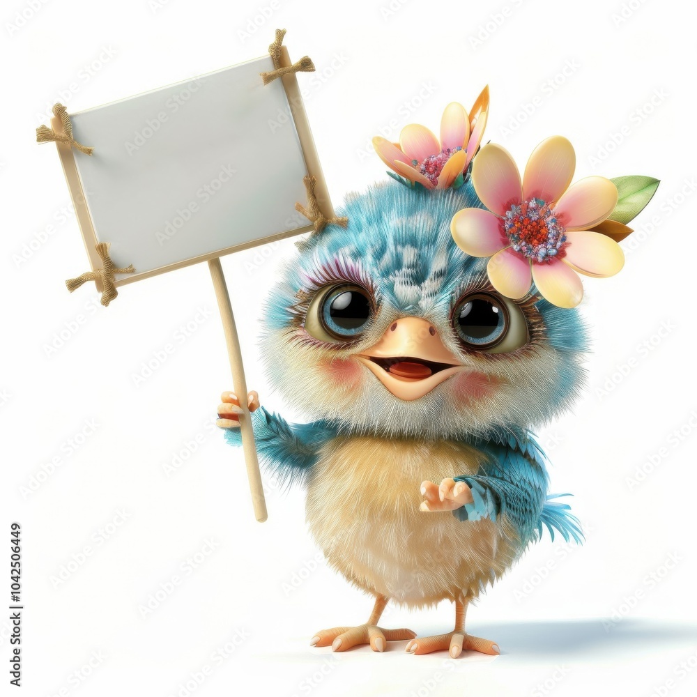 Fototapeta premium Romantic and Evening Themes: promoting romantic events or evening gatherings with a gentle touch. Nightingale holding a blank sign.