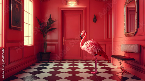 A pink flamingo stands in a...
