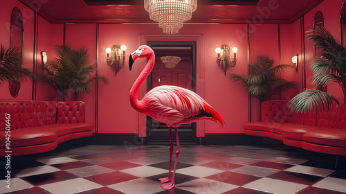 A vibrant pink room featuri...