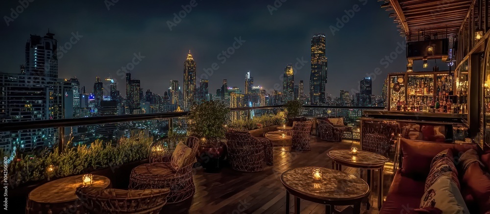 Fototapeta premium Nighttime view of a rooftop bar with city skyline in the background.
