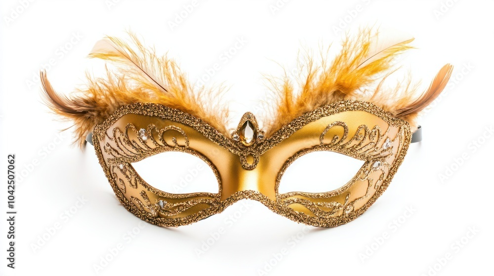 Fototapeta premium Gold Venetian mask with feathers, sparkling and ornate, for a masquerade ball, isolated on white background