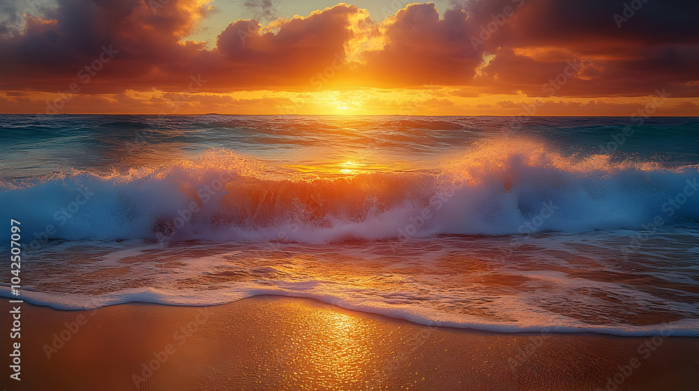 Fototapeta premium Serene sunset over ocean waves with golden reflections on sand.