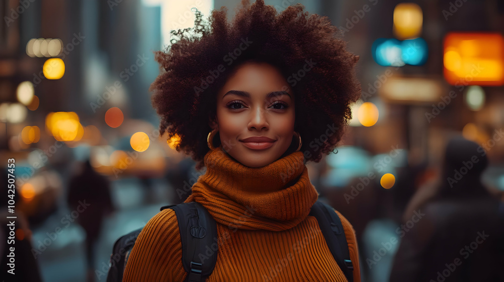 A woman with curly hair smiles in a bustling city street. A woman with curly hair smiles in a bustling city street.