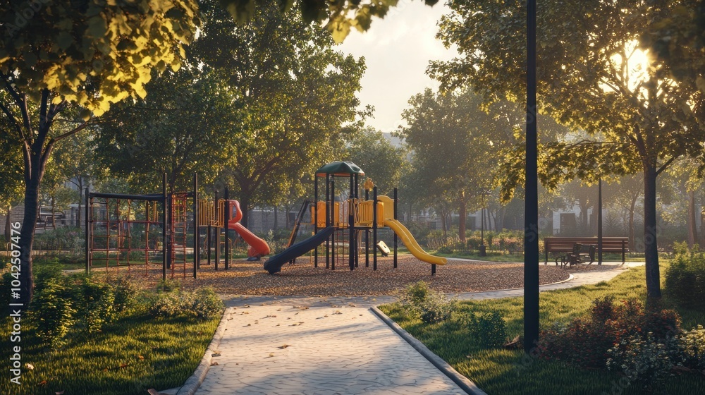 A colorful playground nestled in a park with a winding path and a bench, bathed in warm morning light. A colorful playground nestled in a park with a winding path and a bench, bathed in warm morning light.