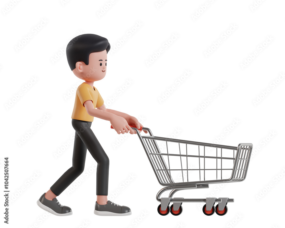 Rendering 3D Character Pushing Shopping Cart in a Minimalist Style Rendering 3D Character Pushing Shopping Cart in a Minimalist Style