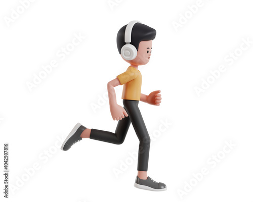3D Character Man in yellow T-shirt Running while Enjoying Music with Headphones