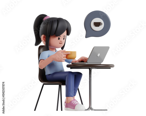 Cozy Cafe Vibes: Girl Enjoying Coffee while Working on Laptop