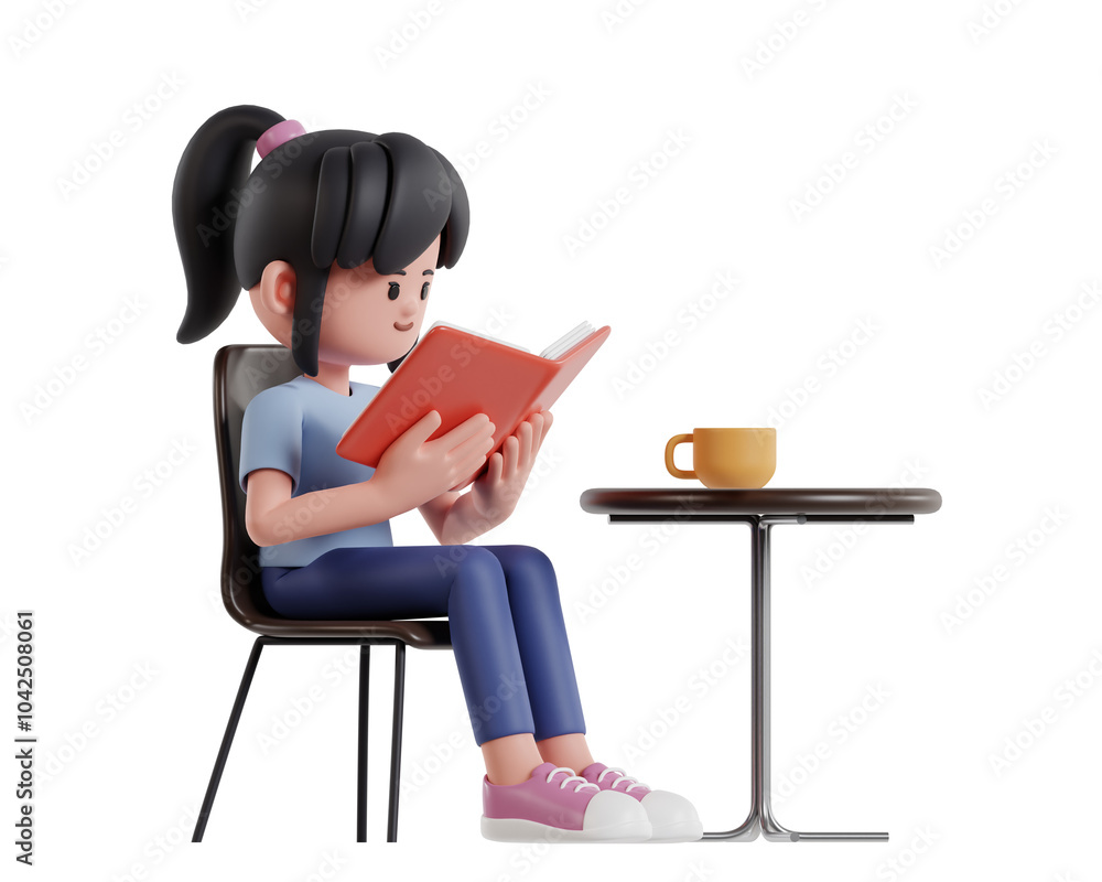 3D Illustration of a Girl Reading a Book While Enjoying Coffee in a Cafe 3D Illustration of a Girl Reading a Book While Enjoying Coffee in a Cafe