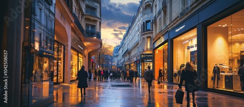 People walk down a bustling city street lined with stores and shops at dusk.
