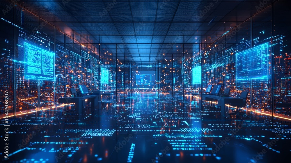 Obraz premium Exploring the futuristic digital landscape of high-tech data centers and cybernetic environments
