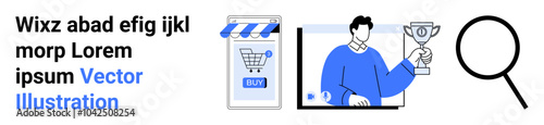 Wallpaper Mural Smartphone with shopping cart, person holding trophy, magnifying glass. Ideal for online shopping, e-commerce success, mobile apps, search optimization, digital marketing. Banner for landing page Torontodigital.ca