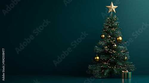 beautifully decorated Christmas tree adorned with golden ornaments and shining star on top, set against deep green background, evokes warm holiday spirit