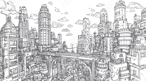 Detailed city skyline illustration, outline design