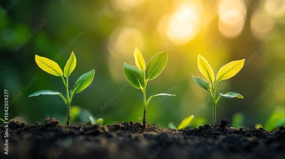 Three Small Saplings Growing Towards Sunlight Three Small Saplings Growing Towards Sunlight