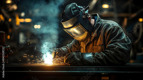 A welder working in a dimly...