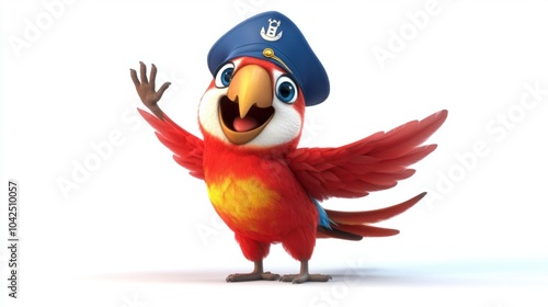 Adorable cartoon parrot with a sailor hat, giving a friendly wave, isolated on white background photo