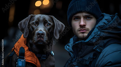 A man and his brown dog pos...