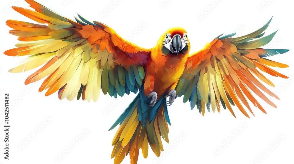 Obraz premium Cute cartoon parrot flying with wings spread wide, multicolored feathers, isolated on white background
