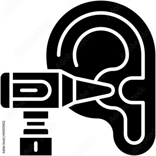 Otoscopy Icon. Ear Otoscope Checkup Pictogram Graphic Illustration. Isolated Simple Solid Icon For Infographic, App and Web Button.