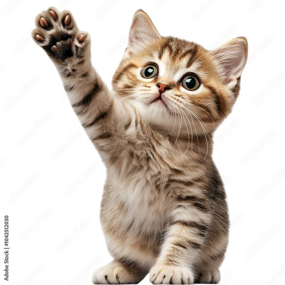 Obraz premium Adorable Kitten with Paw Raised Isolated on White Background – High-Resolution Image Perfect for Pet-Themed Designs, Animal Marketing Campaigns, Greeting Cards, and Cute Cat