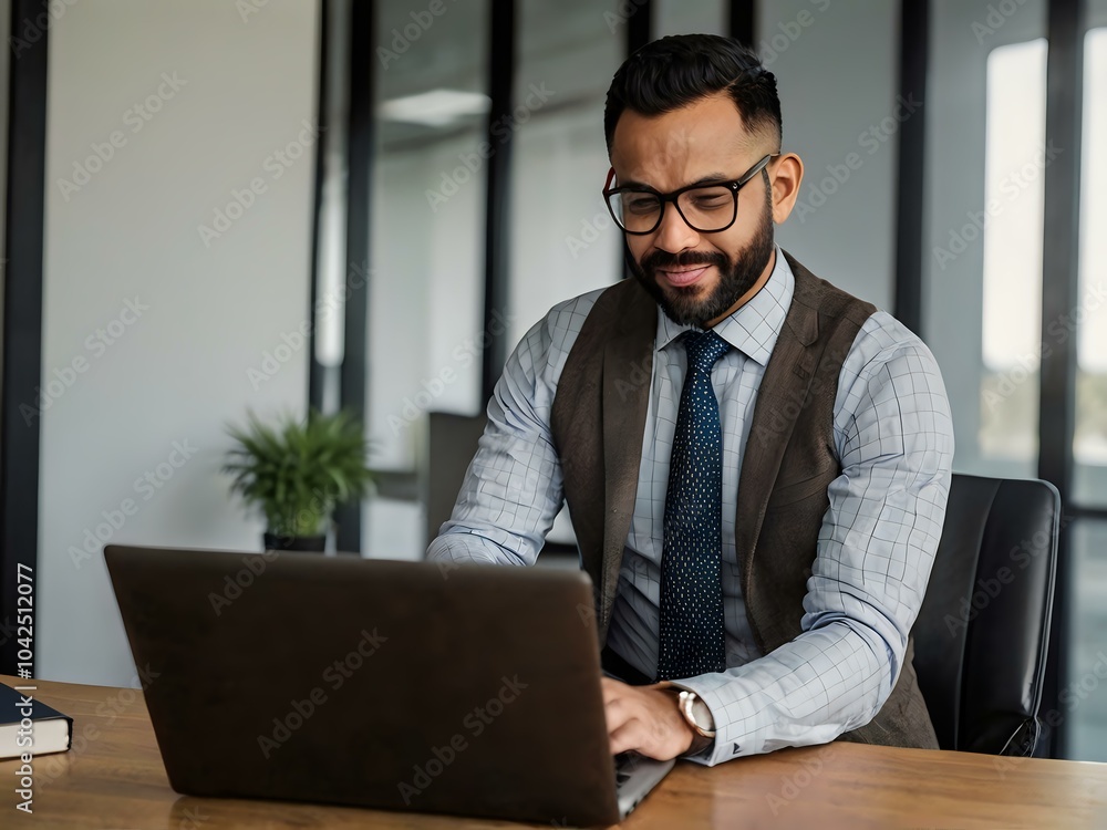 During the day in the office a man is working on his laptop During the day in the office a man is working on his laptop