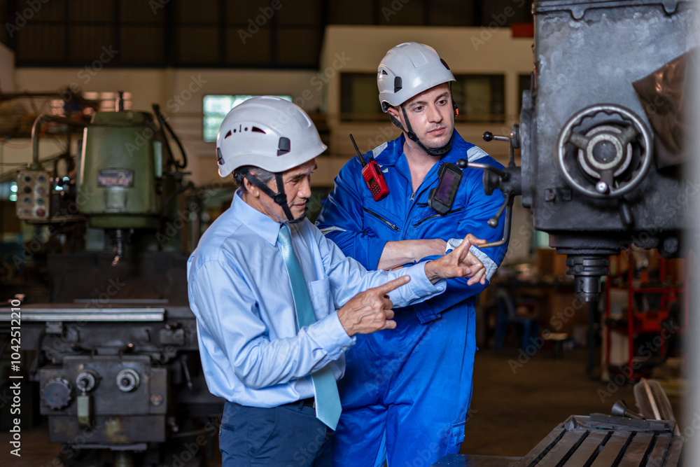 young caucasian technician talking with old experience manager who examining lathe machine,construction workers working in welding industry young caucasian technician talking with old experience manager who examining lathe machine,construction workers working in welding industry