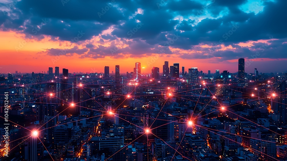 Fototapeta premium Glowing Network Infrastructure Over City at Sunset