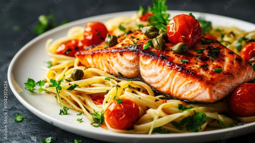 Grilled Salmon with Capers, Tomatoes, and Linguine Grilled Salmon with Capers, Tomatoes, and Linguine