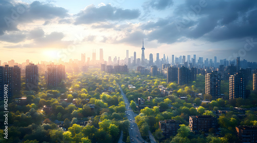 Urban skyline at sunset wit...