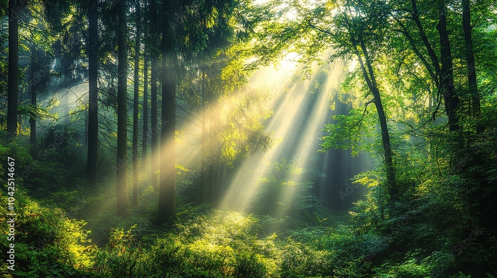 Fototapeta premium Enchanted Forest with Sunlight Rays Streaming Through Trees