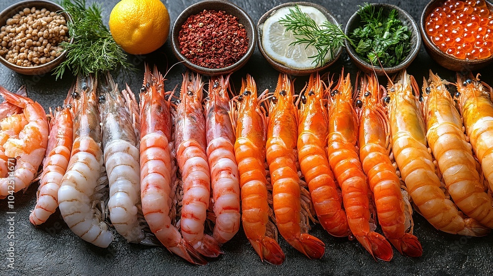 Fresh Cooked Shrimp with Various Garnishes and Condiments Fresh Cooked Shrimp with Various Garnishes and Condiments